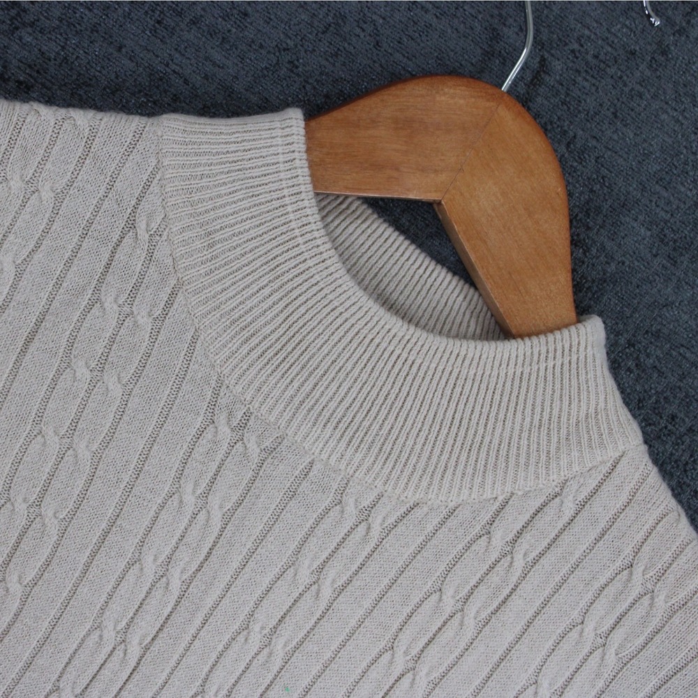 Vintage Tally-Ho Cashmora Mock Neck Cable Knit Short Sleeve Sweater Beige PS